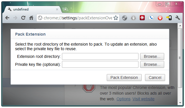 Pack Extension... dialog box
