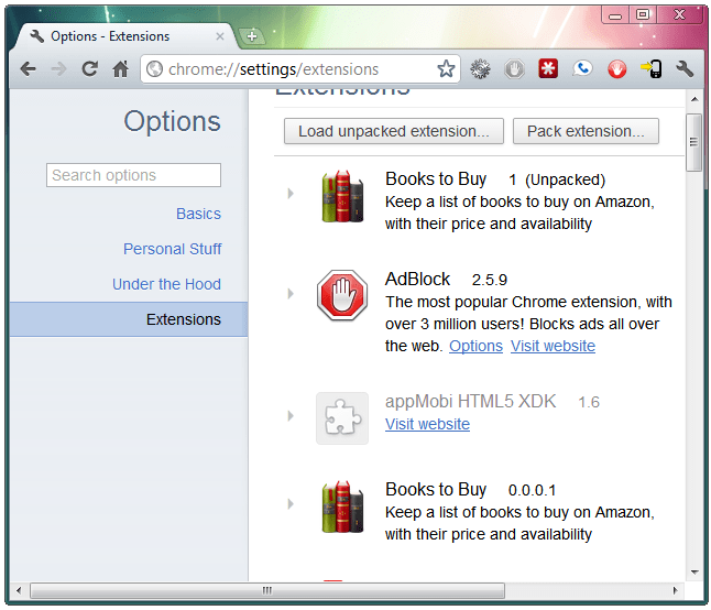 Extensions panel showing two versions